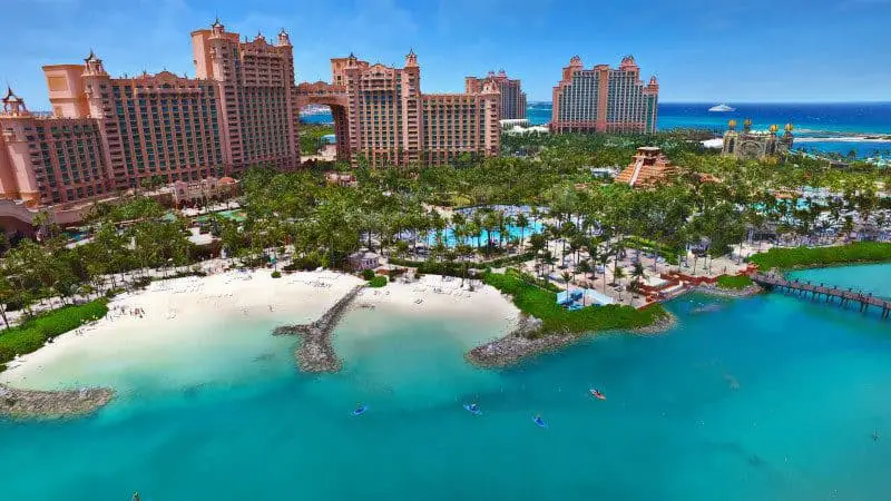 Atlantis Paradise Island Bahamas resort surrounded by beautiful blue water