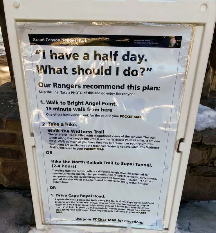 Image of sign at Grand Canyon National Park that says "I have a half day. What should I do? Our Rangers recommend this plan:" Lists out options in smaller print.