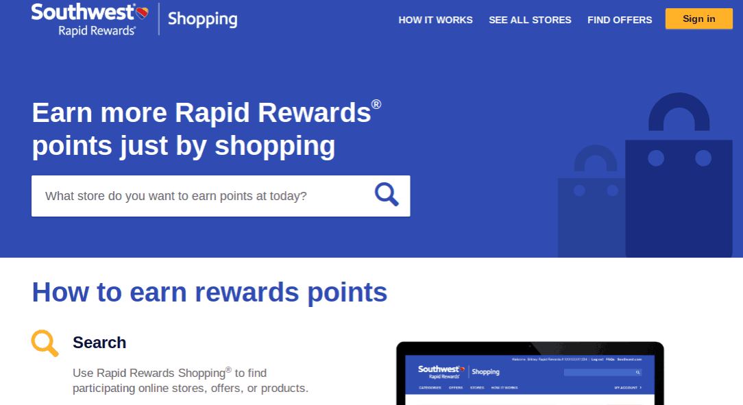 Southwest Rapid Rewards Shopping Portal screen