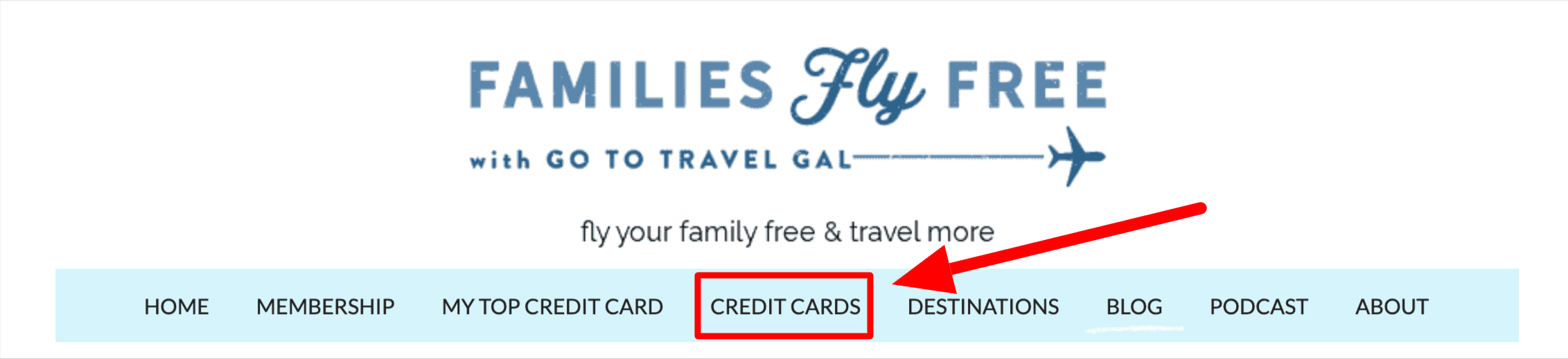 Image of Families Fly Free website with red arrow pointing to link for credit cards