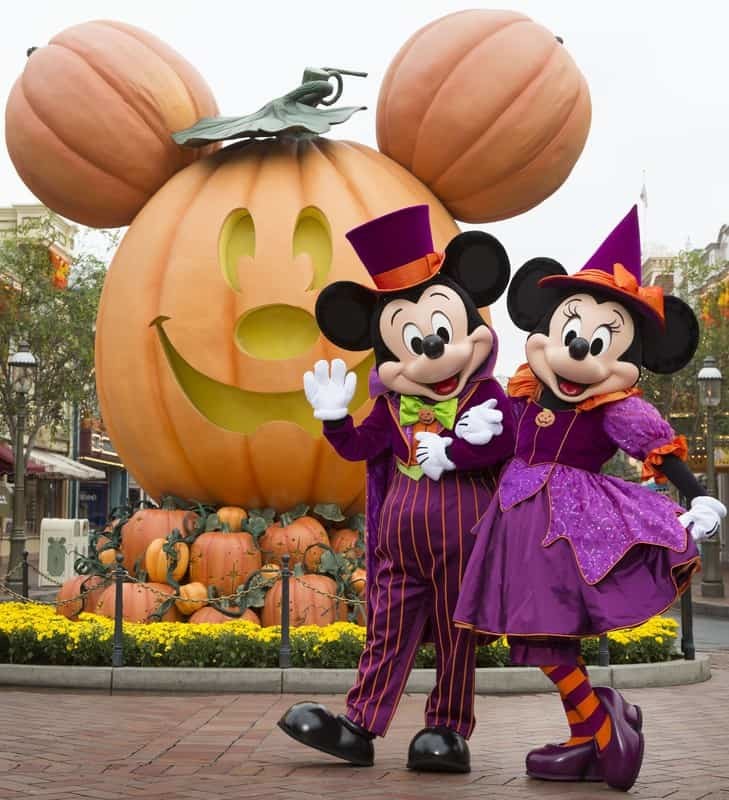 Mickey and minnie in halloween costumes in front of a pumpkin.
