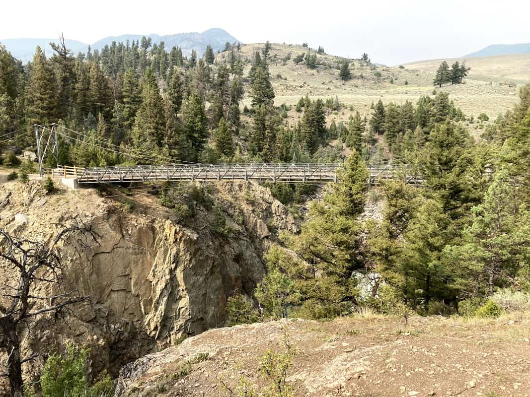 Hellroaring Suspension Bridge with trees mountains in background