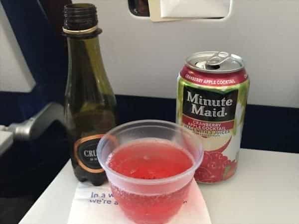 A glass of pomegranate juice and a bottle of wine enjoyed using Southwest drink coupons on a plane.