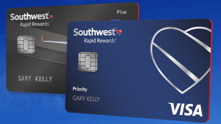 Two blue Southwest credit cards with the Rapid Rewards Priority Credit Card branding.